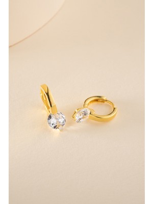 Nereze 925 Ayar Gümüş Gold Kaplama 12 mm Beyaz Taşlı Halka Küpe