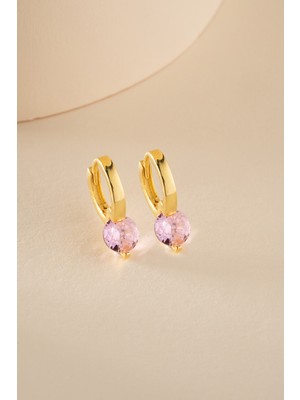 Nereze 925 Ayar Gümüş Gold Kaplama 12 mm Pembe Taşlı Halka Küpe