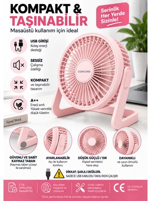 Concord Sessiz Masa Üstü USB Mini Vantilatör Taşınabilir Masaüstü Fan Pembe