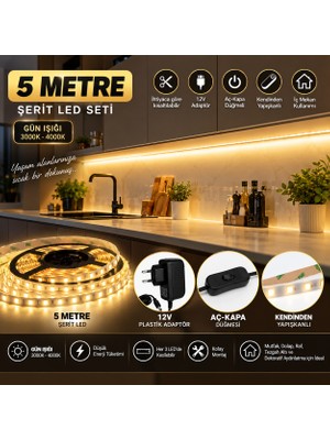 Cata Mutfak Dolap Ayna Aydınlatma 5 Metre Gün Işığı Aç Kapat Düğmeli Şerit LED Seti 12V Adaptörlü Aç Kapa Düğmeli Kendinden Yapışkanlı