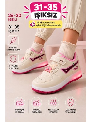 Albishoes Çocuk Işıklı Okul Günlük Spor Ayakkabı Kiraz Desenli Cırtlı Kaymaz Taban Rahat Sneaker