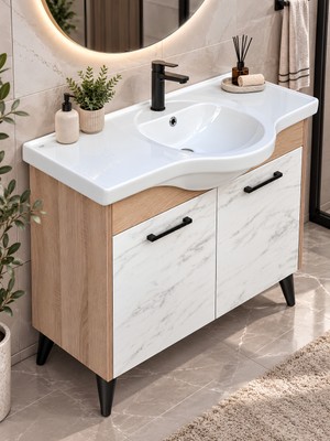 Turkuaz Lavabolu 120 cm Mermer Desenli Ahşap Banyo Dolabı