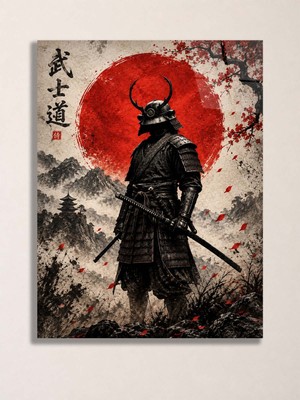 North Whiskers Japon Samuray Temalı Metal Tablo - Kırmızı Güneş Savaşçı Duvar Dekoru, Metal Poster Wall Art