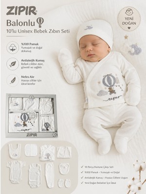 Zıpır Baby Unisex Krem Pamuklu Antialerjik Kumaş Balonlu Yenidoğan Çocuk Bebek Hastane Çıkışı Zıbın Seti Kutulu 10 Parça