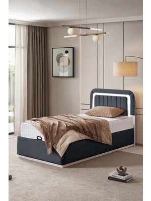 Setay Demonte Baza Seti, Valens Ledli Tek Kişilik Baza Başlık Seti - Ikili Set, Antrasit - 100X200 cm