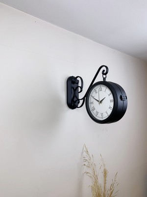 Çetiner Group Siyah Metal Retro Çift Taraflı Istasyon Saati 36 x 25 cm