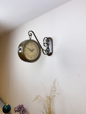 Çetiner Group Eskitme Metal Retro Istasyon Saati 36 x 25 cm – Çift Taraflı Şık Dekoratif Saat