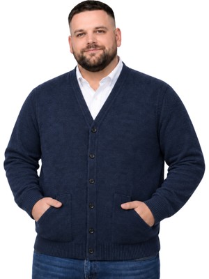 Battal Moda Erkek Büyük Beden Melanj Lacivert Cepli Düğmeli Triko Hırka 3xl-4xl-5xl-6xl