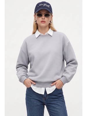 Ritnice Kadın New Cozy Polarlı Basic Bisiklet Yaka Pamuklu Örme Gri Sweatshirt
