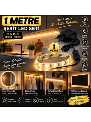 Cata Mutfak Dolap Ayna Aydınlatma 1 Metre Gün Işığı Aç Kapat Düğmeli Şerit LED Seti 12V Adaptörlü Aç Kapa Düğmeli Kendinden
