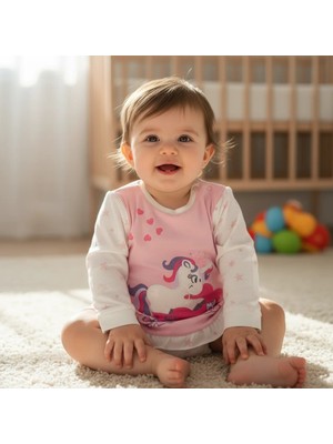 Bonbon Kız Bebek Unicorn Baskılı Uzun Kollu Omuzdan Çıtçıtlı Içi Pamuk Şardonlu Tshirt CB1097