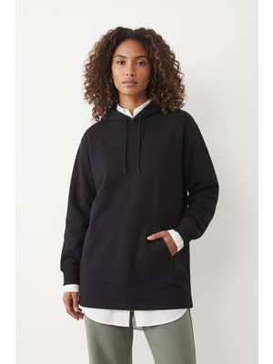 Markapia Kadın Kapüşonlu Cepli Siyah Tunik Sweatshirt
