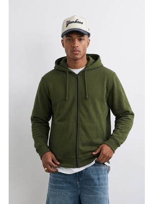 Markapia Man Erkek Fermuarlı Kapüşonlu Içi Polarlı Haki Sweatshirt