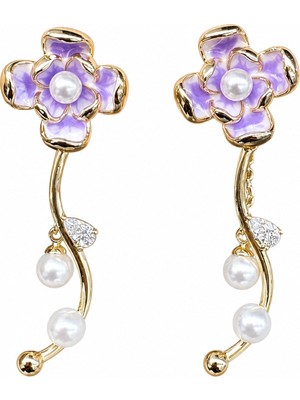 Nes Design 14K Özel Seri Inci Sallantılı Mor Çiçek Küpe
