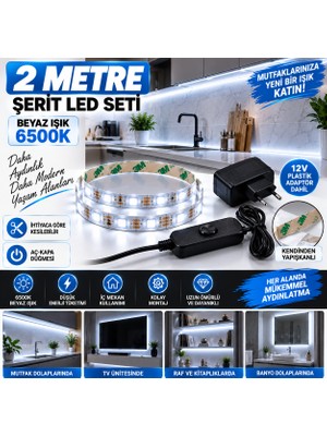 Cata Mutfak Dolap Ayna Aydınlatma 2 Metre Beyaz Aç Kapat Düğmeli Şerit LED Seti 12V Adaptörlü Aç Kapa Düğmeli Kendinden