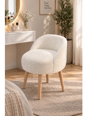 Yg Decor Lüks Bukle Makyaj Koltuğu Ahşap Ayaklı Çok Amaçlı Tasarım Puf ve Berjer