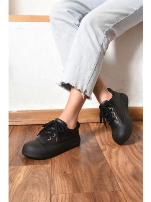 Shoetek Alyona Kadın Sneakers Halat Bağcıklı Spor Ayakkabı Siyah Deri