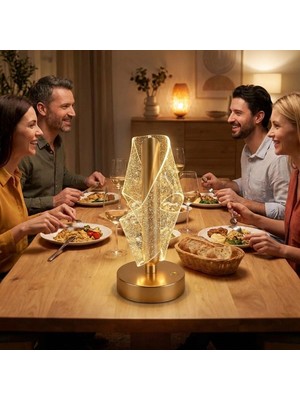 Eco Port Çapraz Kavisli Ters Kristal Simli LED Masa Lambası – Gold Gövdeli, Dokunmatik, 3 Kademe Işık