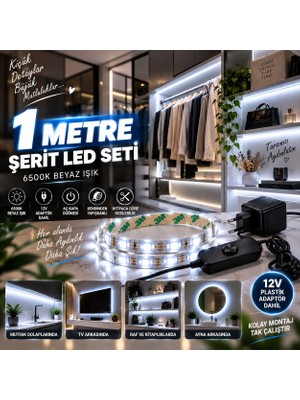 Cata Mutfak Dolap Ayna Aydınlatma 1 Metre Beyaz Aç Kapat Düğmeli Şerit LED Seti 12V Adaptörlü Aç Kapa Düğmeli Kendinden