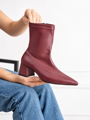 Dabab Shoes Bega Kadın Bordo Streç Cilt Sivri Burun Fermuarlı 6 cm Kalın Topuklu Bot Bootie