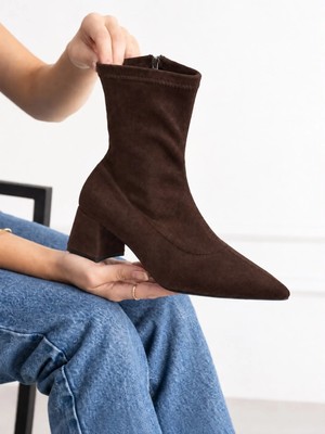 Dabab Shoes Bega Kadın Acı Kahve Streç Süet Sivri Burun Fermuarlı 6 cm Kalın Topuklu Bot Bootie