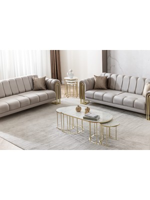 Usta Mekan Lotus Gold Marmo Lak Panel 2+1 Orta Sehpa + Zigon Sehpa Seti