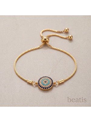 Beatis Gold Renk Nazar Boncuğu Zirkon Taşlı Ayarlanabilir Kadın Bileklik