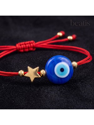 Beatis Kırmızı Ipli Cam Nazar Boncuğu Yıldız Detaylı Ayarlanabilir Kadın Bileklik