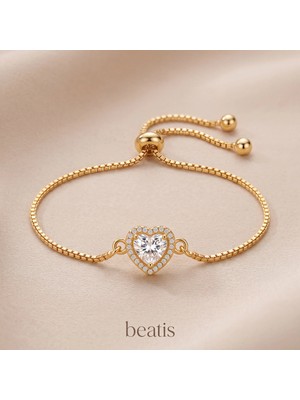 Beatis Gold Renk Kalp Zirkon Taşlı Ayarlanabilir Kadın Bileklik