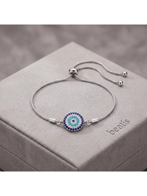 Beatis Gümüş Renk Zirkon Taşlı Nazar Boncuğu Figürlü Ayarlanabilir Kadın Bileklik