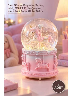 Yenilig 4 Adet Orta Boy Müzikli Unicorn Kar Küresi – Cam Gövde, Polyester Taban, Işıklı, 3xaaa Pil Ile Çalışan, Kar Küre / Snow Globe Dekor