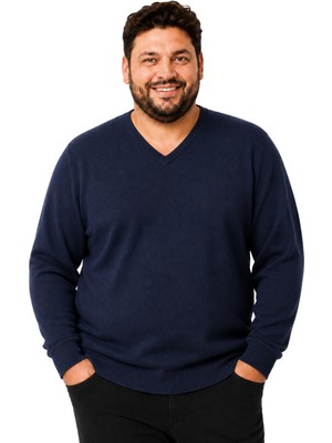 Battal Moda Erkek Büyük Beden Lacivert V Yaka Pamuklu Kazak 3xl-4xl-5xl-6xl