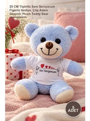 Yenilig 5 Adet Peluş Ayıcık – 25 cm Tişörtlü Seni Seviyorum Figürlü Hediye, Çöp Adam Desenli, Plush Teddy Bear