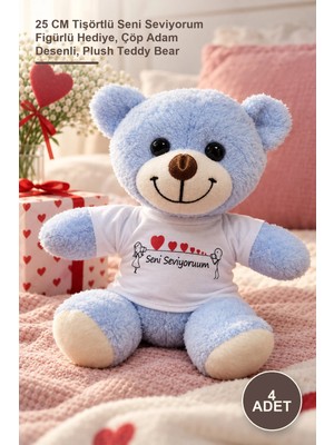 Yenilig 4 Adet Peluş Ayıcık – 25 cm Tişörtlü Seni Seviyorum Figürlü Hediye, Çöp Adam Desenli, Plush Teddy Bear