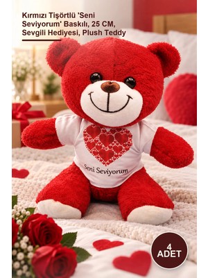Yenilig 4 Adet Peluş Ayıcık – Kırmızı Tişörtlü 'seni Seviyorum' Baskılı, 25 Cm, Sevgili Hediyesi, Plush Teddy