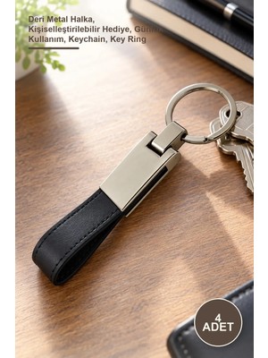 Yenilig 4 Adet Siyah Deri Metal Anahtarlık – Deri Metal Halka, Kişiselleştirilebilir Hediye, Günlük Kullanım, Keychain, Key Ring