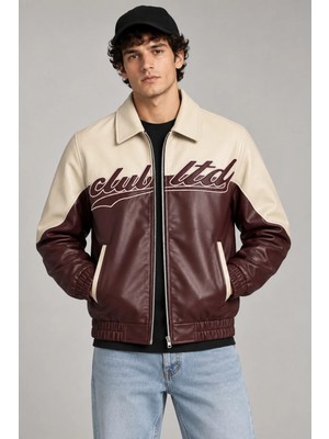 Maisonrae Erkek Bordo, Içi Kürklü, Çift Renkli, Yazı Detaylı,oversize Suni Deri Bomber Ceket