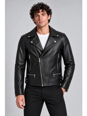 Maisonrae Erkek Siyah Slim Fit Biker Deri Ceket – Çapraz Fermuarlı, Çok Cepli, Kemer Tokalı