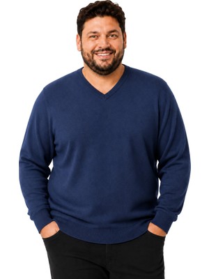 Battal Moda Erkek Büyük Beden Indigo V Yaka Pamuklu Kazak 3xl-4xl-5xl-6xl