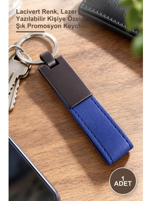 Yenilig 1 Adet Deri Metal Anahtarlık – Lacivert Renk, Lazer Yazılabilir Kişiye Özel, Şık Promosyon Keychain