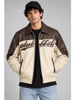 Maisonrae Erkek Krem, Içi Kürklü, Çift Renkli, Yazı Detaylı,oversize Suni Deri Bomber Ceket