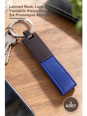 Yenilig 3 Adet Deri Metal Anahtarlık – Lacivert Renk, Lazer Yazılabilir Kişiye Özel, Şık Promosyon Keychain
