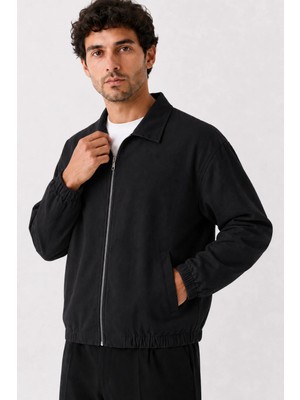 Maisonrae Erkek Siyah Premium, Gabardin, Fermuarlı Polo Yaka, Oversize, Mevsimlik Günlük Ceket