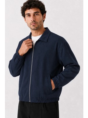 Maisonrae Erkek Lacivert Premium, Gabardin, Fermuarlı Polo Yaka, Oversize, Mevsimlik Günlük Ceket