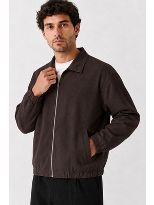 Maisonrae Erkek Kahverengi Premium, Gabardin, Fermuarlı Polo Yaka, Oversize, Mevsimlik Günlük Ceket