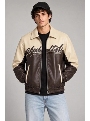 Maisonrae Erkek Kahverengi, Içi Kürklü, Çift Renkli, Yazı Detaylı,oversize Suni Deri Bomber Ceket