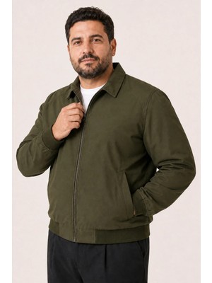 Maisonrae Erkek Haki, Büyük Beden, Dik Yaka, Fermuarlı, Astarlı, Mevsimlik Bomber Ceket