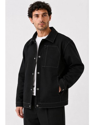 Maisonrae Erkek Siyah Premium, Gabardin, Kontrast Dikişli Çıtçıtlı Oversize ,mevsimlik Ceket