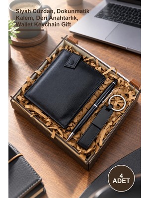 Yenilig 4 Adet Ahşap Deri Kutulu Hediye Seti – Siyah Cüzdan, Dokunmatik Kalem, Deri Anahtarlık, Wallet Keychain Gift