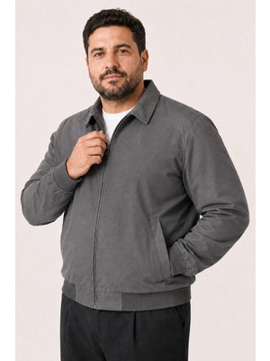 Maisonrae Erkek Gri, Büyük Beden, Dik Yaka, Fermuarlı, Astarlı, Mevsimlik Bomber Ceket
